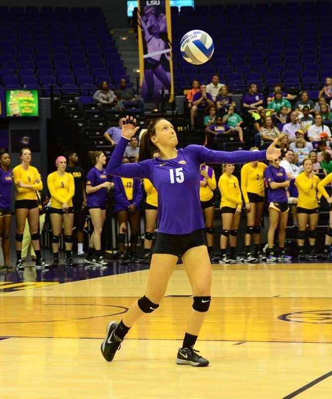 LSU's Women's Volleyball player Haley Smith (15) serves the ball in LSU vs Geogia at the PMAC on October 26, 2014.