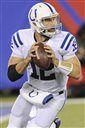 Indianapolis Colts quarterback Andrew Luck looks to pass during the first half of an NFL football game against the New York Giants, Monday, Nov. 3, 2014, in East Rutherford, N.J. (AP Photo/Bill Kostroun)