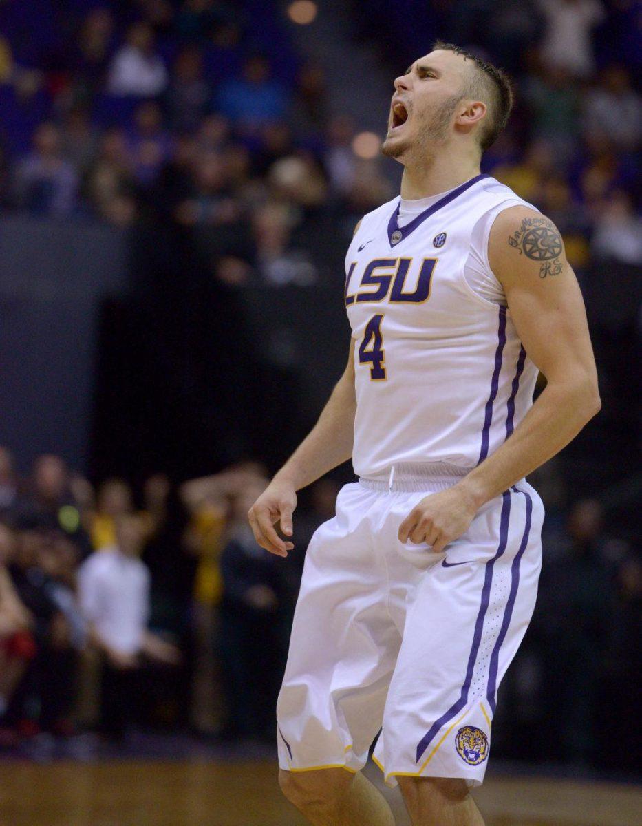 LSU junior guard Keith Hornsby (4) reacts to losing the ball during the Tigers' 69-64 victory against Texas Tech Tuesday, Nov. 18, 2014 in the PMAC