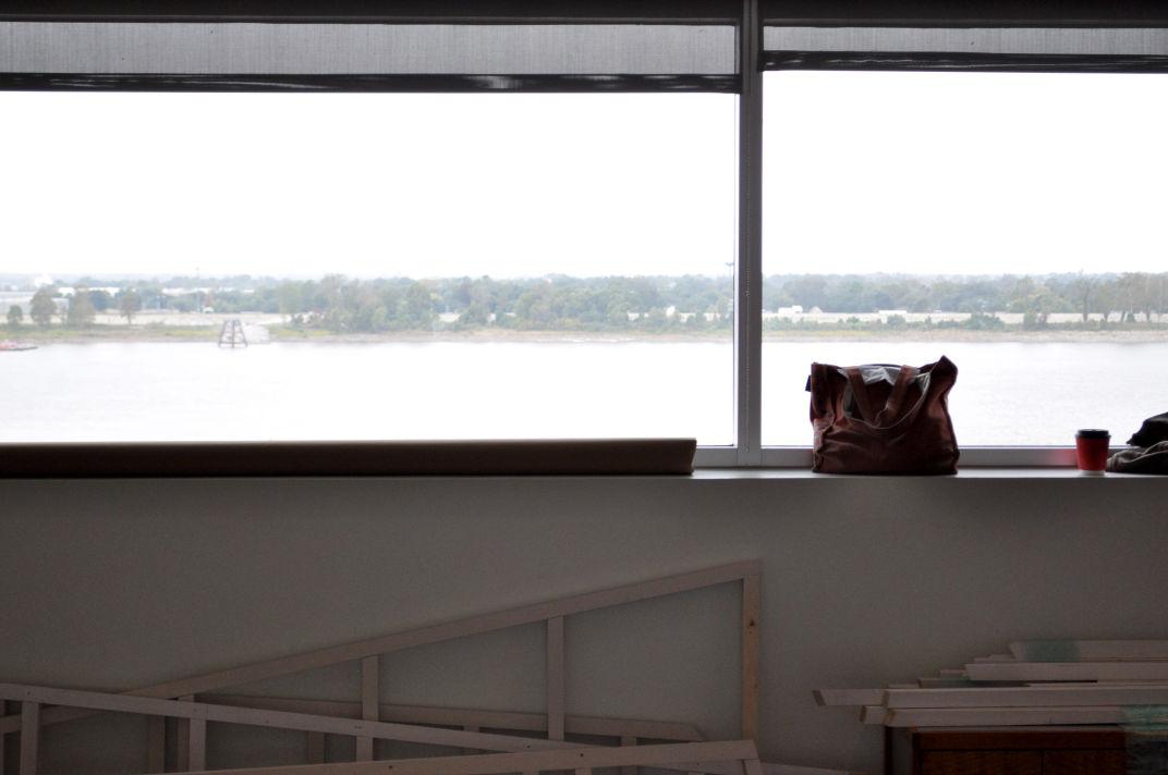 Local artist Silas Breaux works on his new installation, Dwelling, at the LSU Museum of Art on Wednesday.