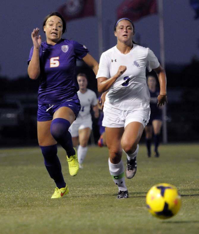 LSU freshman forward Jorian Baucom (5) makes a dash for the ball Monday, September 8, 2014 during the Tigers' game against Stephan F. Austin in LSU Soccer Stadium.