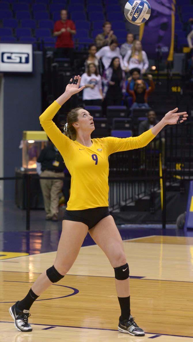 LSU senior middle blocker Madi Mahaffey (9) serves during the Tigers' 3-1 victory over Missouri Friday, Nov. 21, 2014 on the PMAC.