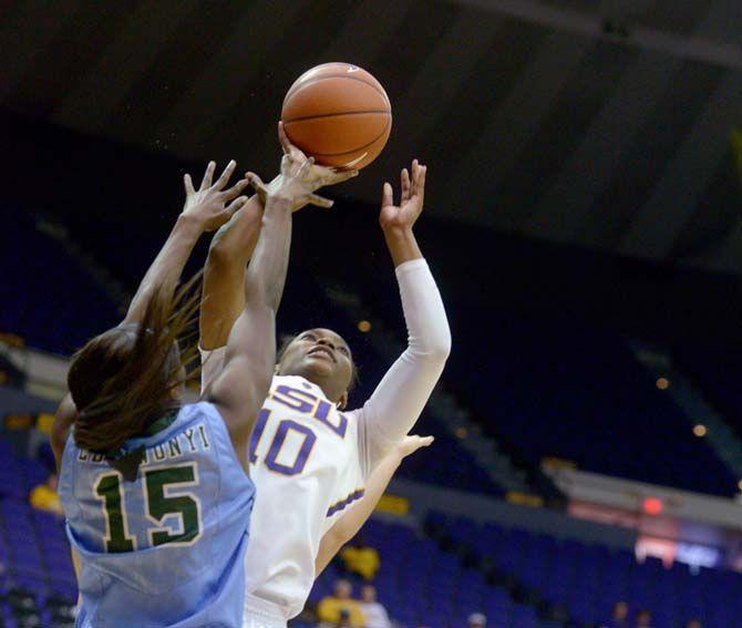 LSU sophomore guard Jasmine Rhodes (10) shoots the ball during the game Wednesday, November 19, 2014 where LSU lost 51-45 to Tulane in the PMAC.