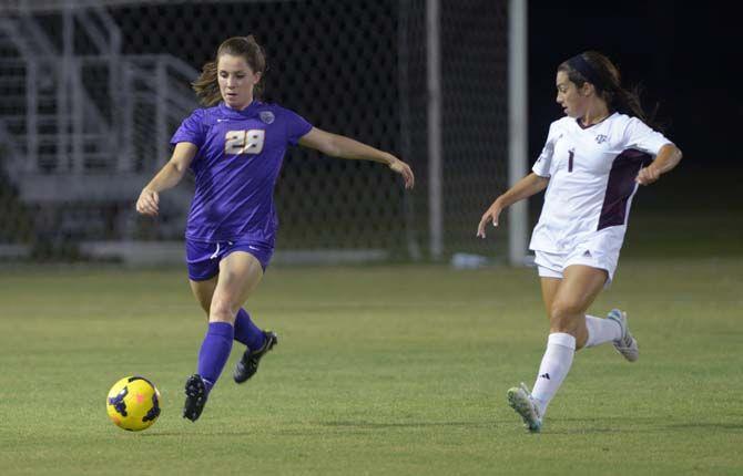 LSU junior defender Tori Sample (28) moves the ball Friday at LSU soccer stadium where LSU lost to Texas A&amp;M 4-1.