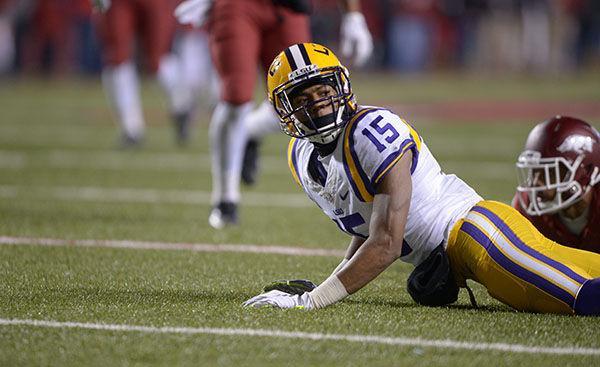 LSU freshman wide receiver Malachi Dupre (15) gazes up after a fumble in a losing game against Arkansas 17-0 Saturday, Nov. 15, 2014 in Donald W. Reynolds Razorback Stadium.