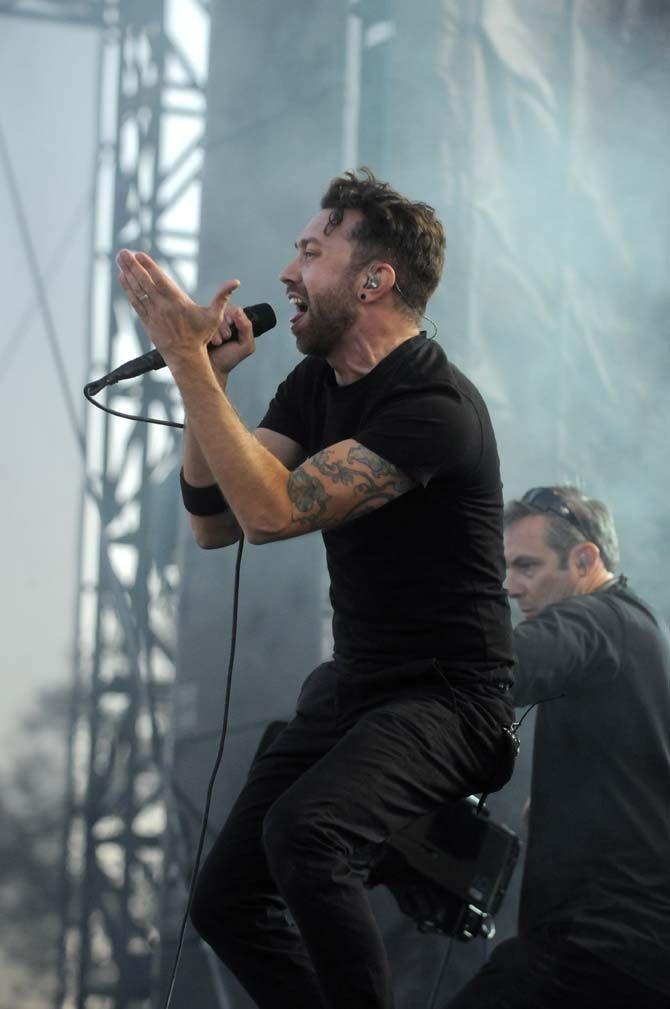 Lead singer Tim Mcllrath from the band Rise Against performs at the main stage Voodoo Fest Friday, October 31, 2014 in New Orleans Louisiana.