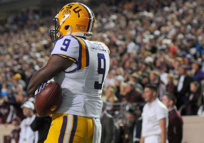 LSU freshman wide receiver, John Diarse (9), awaits the call after scoring a touchdown in Kyle Field, College Station where LSU had a 23-17 victory against Texas A&amp;M on November 27.