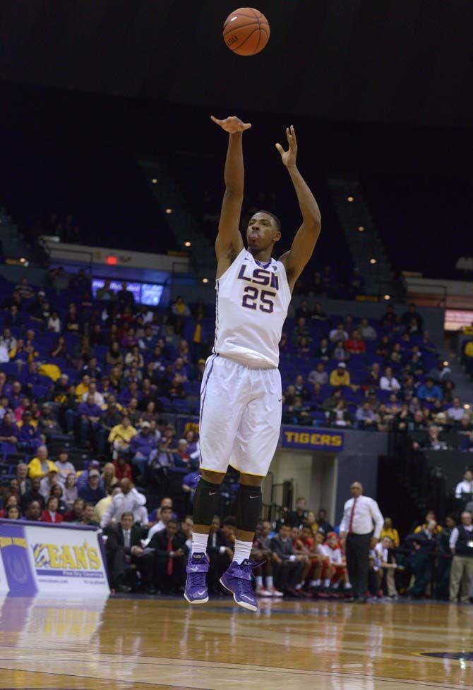 LSU sophomore forward Jordan Mickey (25) shoots the ball during the Tigers' 69-64 victory against Texas Tech Tuesday, Nov. 18, 2014 in the PMAC