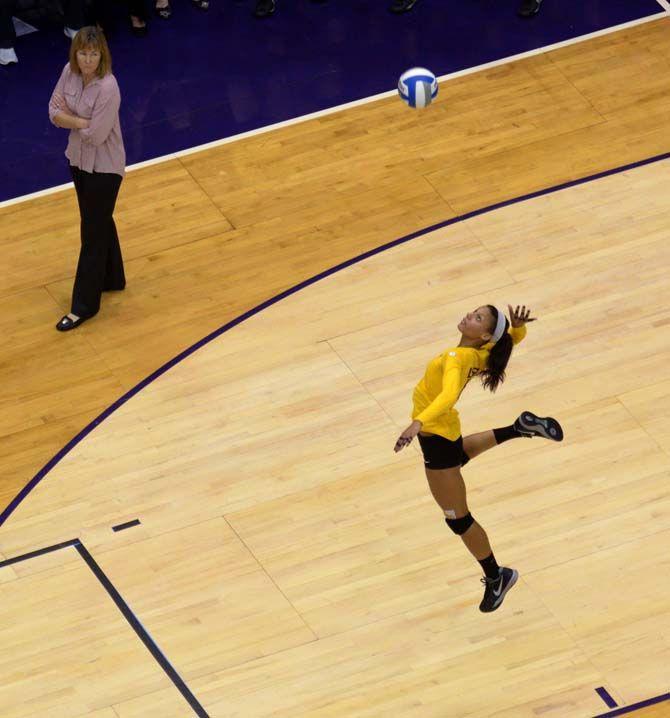 LSU freshman outside hitter Mimi Eugene (10) serves the ball during the Tigers' 3-0 victory over Auburn Sunday, Nov. 23, 2014 on the PMAC.