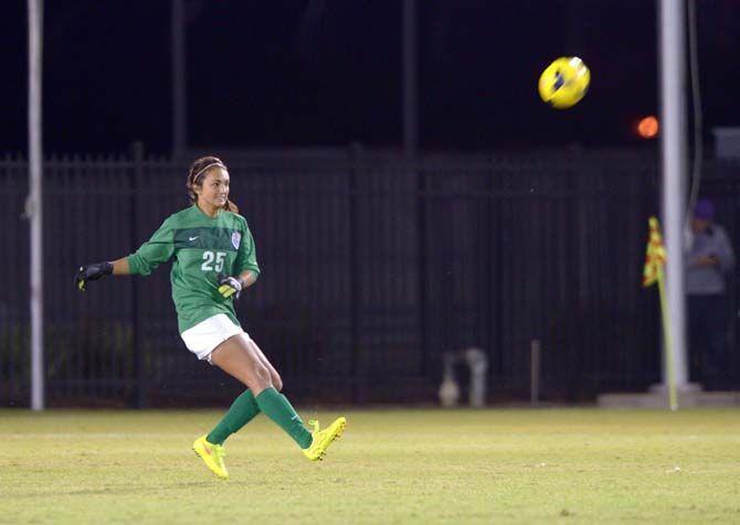 LSU junior goalkeeper Catalina Rubiano (25) kicks the ball downfield during the Tigers' 2-0 loss against Auburn Thursday, October 30, 2014 in the LSU soccer statium.