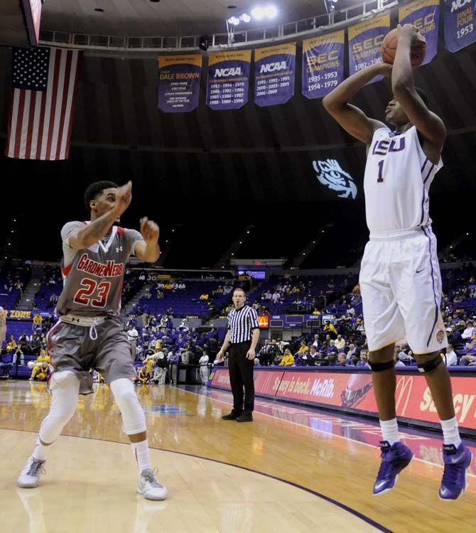 LSU sophomore forward Jarell Martin (1) makes a three-pointer during the first half of Tigers' 93-82 victory over Gardner-Webb on Saturday, Nov. 15, 2014 in the PMAC