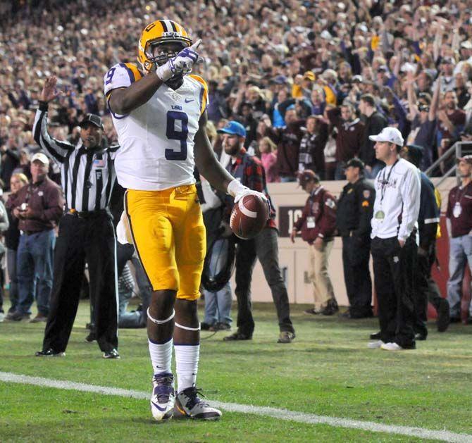 LSU freshman wide receiver, John Diarse (9), celebrates after scoring a touchdown in Kyle Field, College Station where Tigers had a 23-17 victory against Texas A&amp;M on November 27.