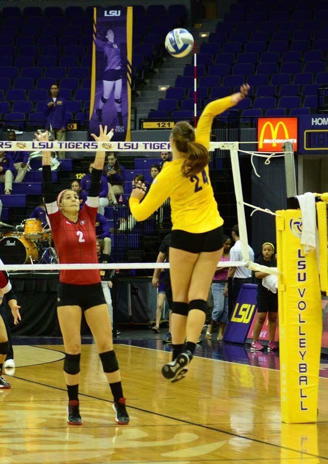 LSU volleyball player Cati Leak (24) returns the ball Oct. 26, 2014, during the Tigers' game against Georgia in the PMAC.&#160;