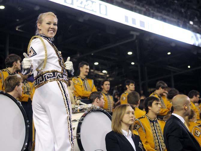 LSU Tiger Marching band drum major Mary Bahlinger gives thumbs up before the Tigers' 23-17 victory against Texas A&amp;M on Thursday, Nov.27, 2014 in Kyle field.