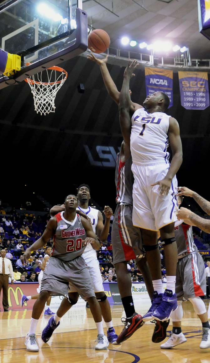 LSU sophomore forward Jarell Martin (1) makes a layup during the second half of Tigers' 93-82 victory over Gardner-Webb on Saturday, Nov. 15, 2014 in the PMAC