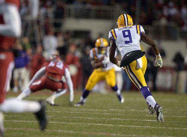 LSU freshman wide receiver John Diarse (9) runs diown the field in game against Arkansas Saturday, Nov. 15, 2014 in Razorback Stadium.