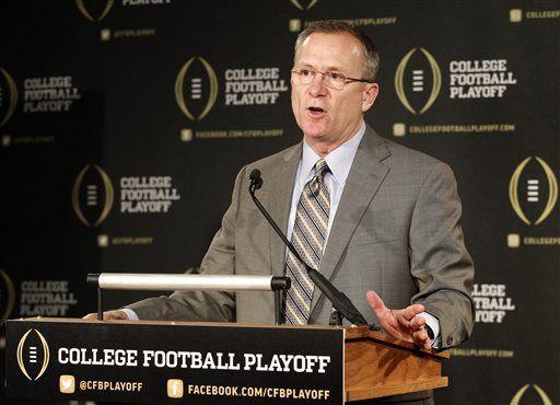 FILE - In this Oct. 16, 2013, file photo, College Football Playoff selection committee chairman and Arkansas athletic director Jeff Long responds to questions during a news conference in Irving, Texas. Unbeaten Florida State found that out when it slipped behind Oregon (9-1) to third in the College Football Playoff rankings this week. One of the reasons cited by Long was the Seminoles' close wins against Clemson and Notre Dame compared to the Ducks' comfortable margins against Michigan State, UCLA and Utah. (AP Photo/Tony Gutierrez, File)