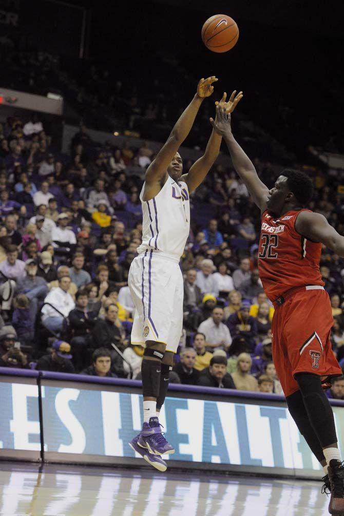 LSU sophomore forward Jarell Martin (1) shoots the ball during Tigers' 69-64 victory against Texas Tech Tuesday, Nov. 18, 2014 in the PMAC