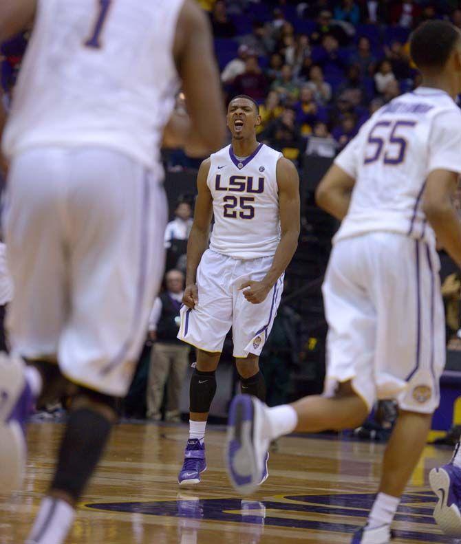 LSU sophomore forward Jordan Mickey (25) celebrates after scoring during the Tigers' 69-64 victory against Texas Tech Tuesday, Nov. 18, 2014 in the PMAC