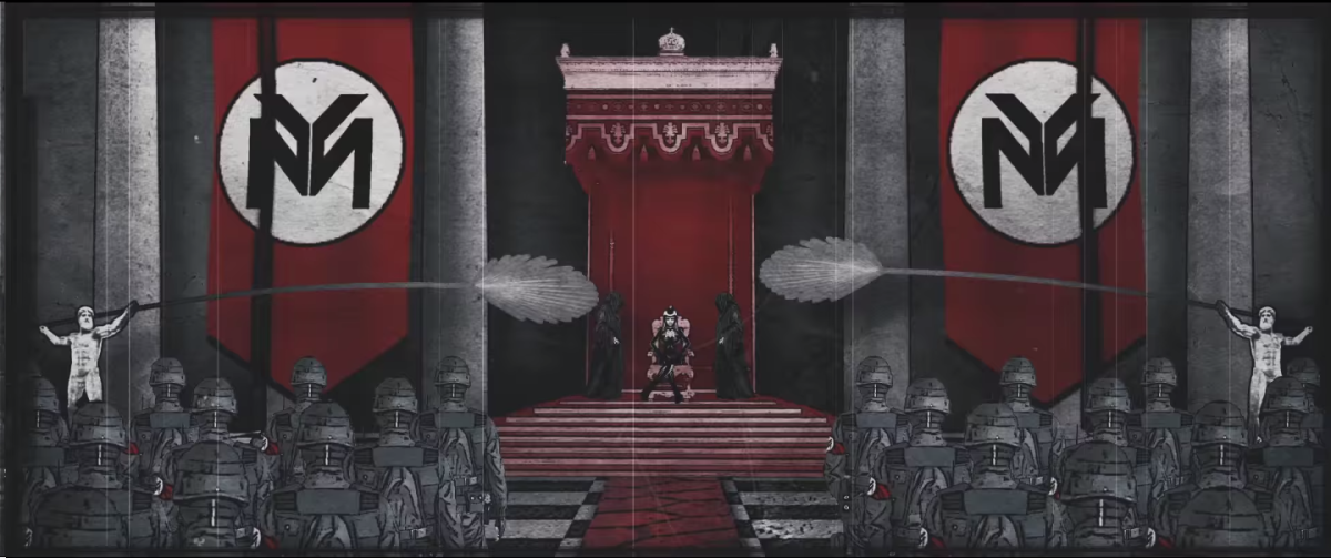 This screenshot from Nicki Minaj's lyric video for "Only" featuring Chris Brown, Drake and Lil Wayne, showcases the video's imagery that recalls Nazi symbolism.