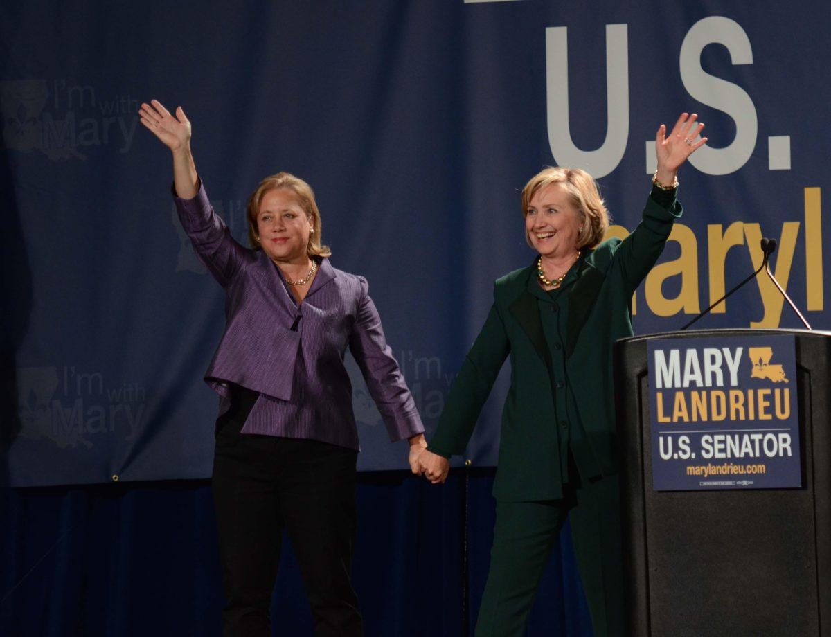 Former US Secretary of State, Hillary Clinton(right), speaks at Senator Mary Landrieu&#8217;s (left) campaign event in New Orelans. November 1, 2014