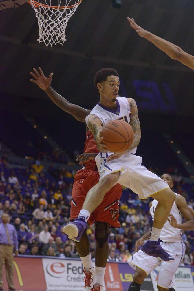 LSU junior guard Josh Gray (5) misses the basket during the Tigers' 69-64 OT victory against Texas Tech Tuesday, Nov. 18, 2014 in the PMAC.