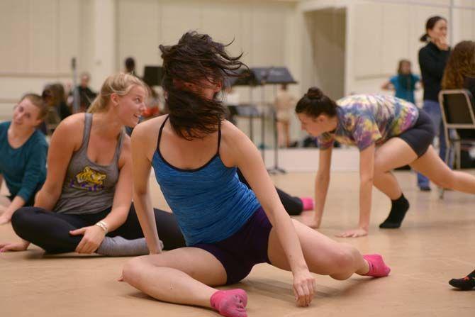 LSU kinesiology freshman Gabi Danna spins on the floor during a practice run of a group routine Tuesday, November 18, 2014 during a rehearsal for LSU Theatre&#8217;s upcoming Fall Dance Concert. The concert will be held in Reilly Theatre on November 22-23 and feature choreography by head of dance Sandra Parks.