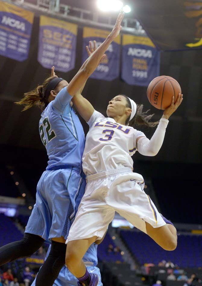 LSU junior guard Akilah Bethel (3) dunks the ball during the game Wednesday, November 19, 2014 where LSU lost 51-45 to Tulane in the PMAC.