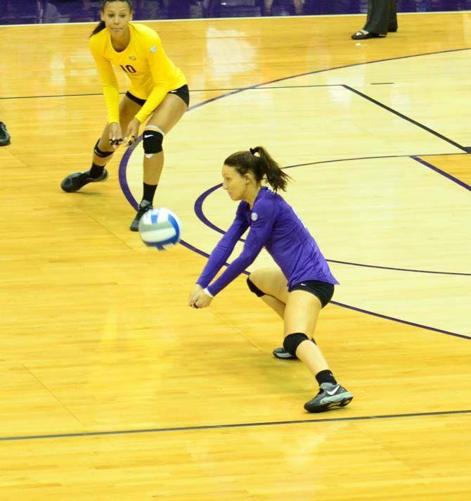 LSU's Women's Volleyball player Haley Smith (15) returns the ball in LSU vs Geogia at the PMAC on October 26, 2014.