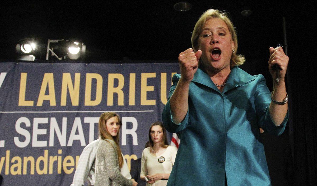 Sen. Mary Landrieu, D-La. acknowledges supporters at her election night headquarters in New Orleans, Tuesday, Nov. 4, 2014. Landrieu is predicted to be in a runoff with Republican Senate candidate, Rep. Bill Cassidy, R-La. (AP Photo/Bill Haber)