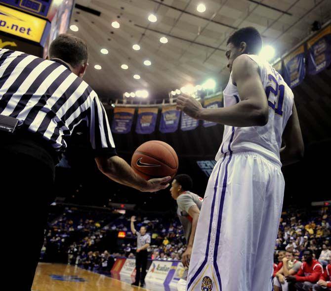 LSU freshman forward Aaron Epps (21) recieves the ball from the referee during Tigers' 93-82 victory over Gardner-Webb on Saturday, Nov. 15, 2014 in the PMAC.