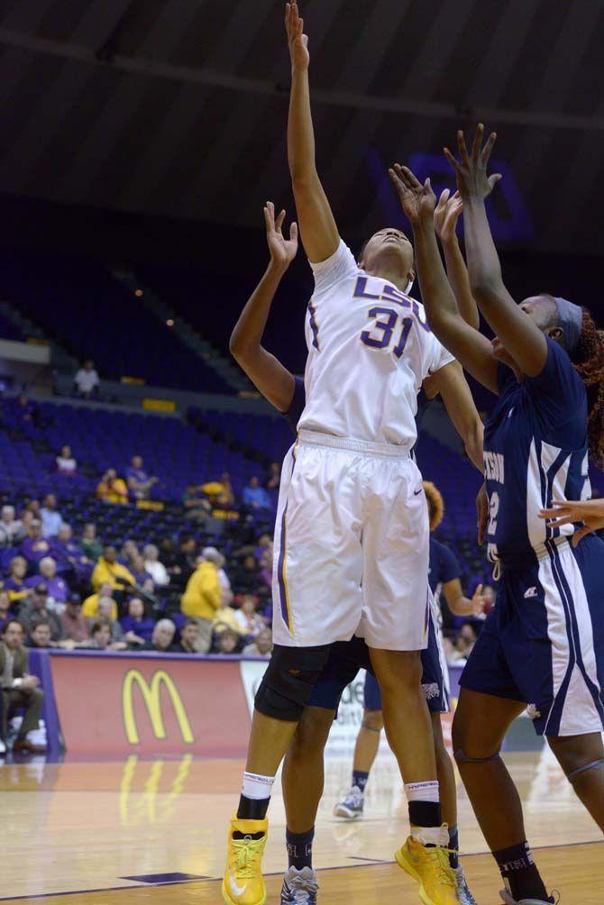 LSU junior forward, Ann Jones (31), jumps for a rebound in the PMAC where LSU beat Jackson State 52-44 on Monday, November 17, 2014.