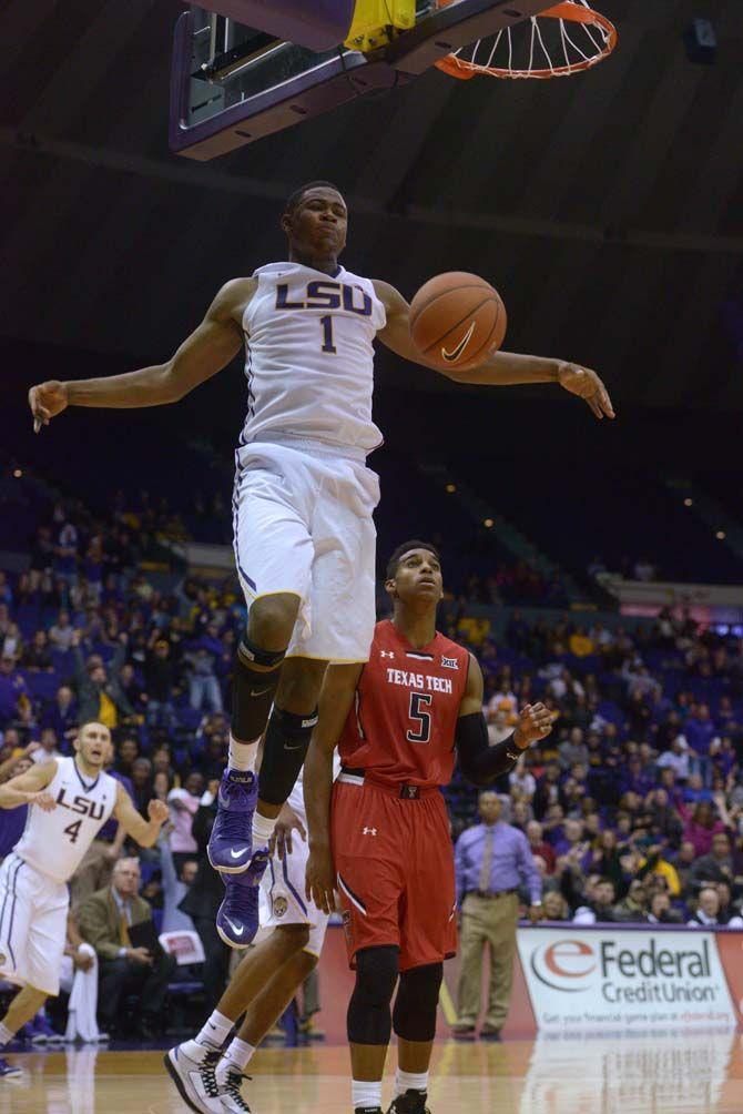 LSU sophomore forward Jarell Martin (1) dunks the ball during Tigers' 69-64 victory against Texas Tech Tuesday, Nov. 18, 2014 in the PMAC.