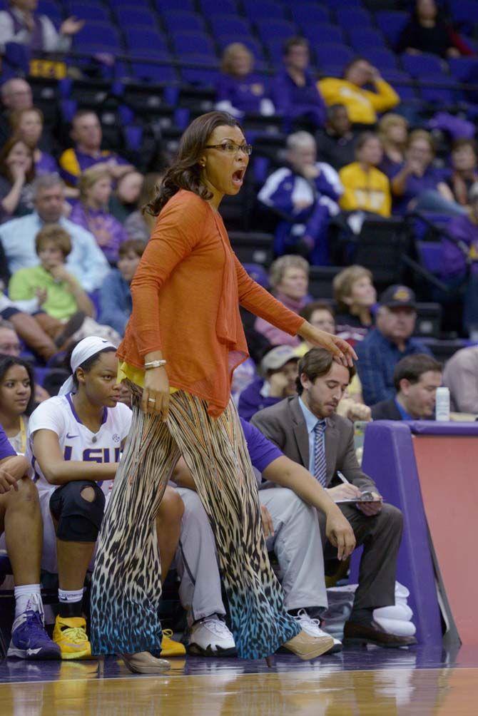 LSU women's basketball head coach Nikki Caldwell shouts from the sidelines during the game Wednesday, November 19, 2014 where LSU lost 51-45 to Tulane in the PMAC.