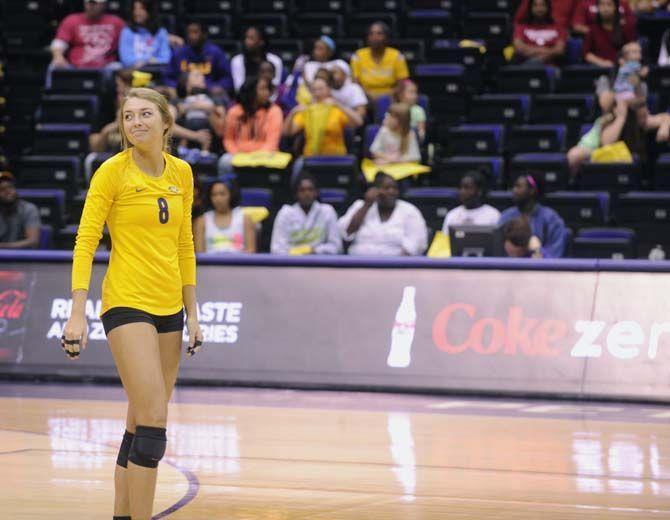 LSU senior outside hitter Helen Boyle (8) looks at her teammates during Tigers' 3-2 victory against Arkansas Sunday, October 5, 2014 in the PMAC.