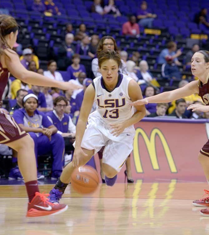 LSU women's basketball sophomore guard, Rina Hill (13), dribbles the ball during the game against Loyola in the PMAC where LSU won 93-71 on Wednesday, November 5, 2014.