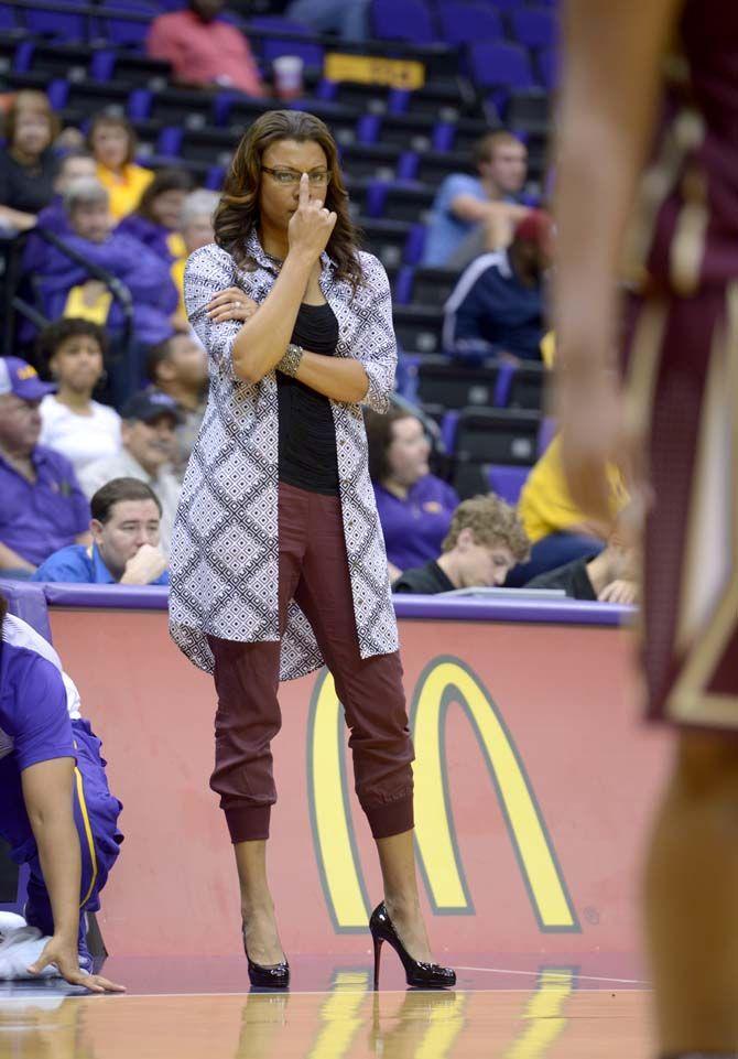 LSU women's basketball head coach watches on during the game against Loyola in the PMAC where LSU won 93-71 on Wednesday, November 5, 2014.