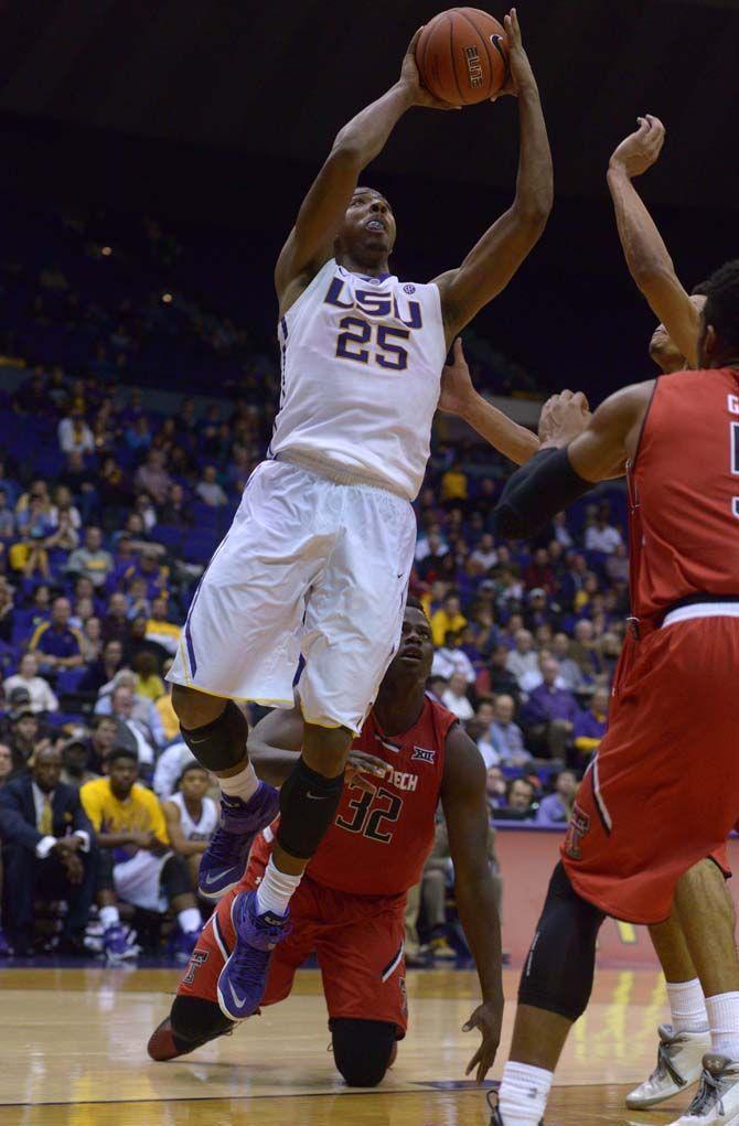 LSU sophomore forward Jordan Mickey (25) shoots the ball during the Tigers' 69-64 victory against Texas Tech Tuesday, Nov. 18, 2014 in the PMAC