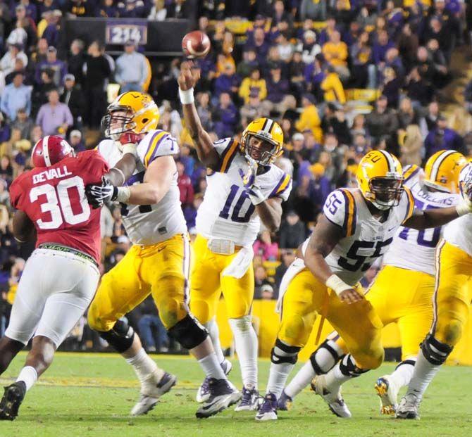 LSU sophomore quarterback Anthony Jennings (10) attempts a pass downfield Saturday, Nov. 8, 2014 during the Tigers' 20-13 loss against Alabama in Tiger Stadium.