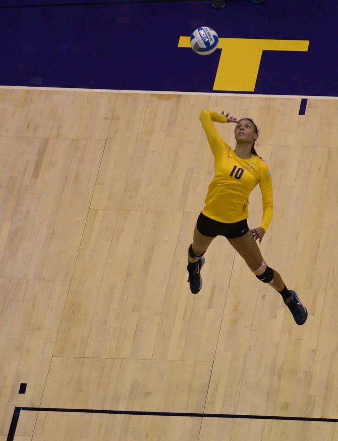 LSU freshman outside hitter Mimi Eugene (10) serves the ball during the Tigers' 3-0 victory over Auburn Sunday, Nov. 23, 2014 on the PMAC.