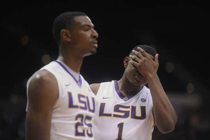 LSU sophomore forward Jarell Martin (1) reacts after a time out during Tigers' 93-82 victory over Gardner-Webb on Saturday, Nov. 15, 2014 in the PMAC