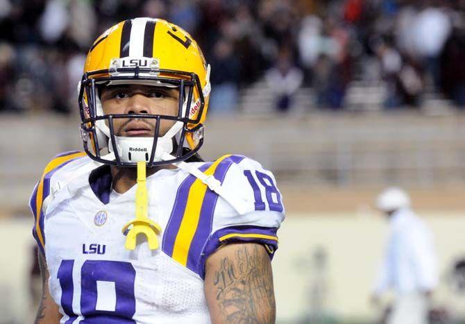 LSU senior running back, Terrence Magee (18), looks around the stadium after the Tiger&#8217;s 23-17 victory against Texas A&amp;M in Kyle Field, College Station on November 27.