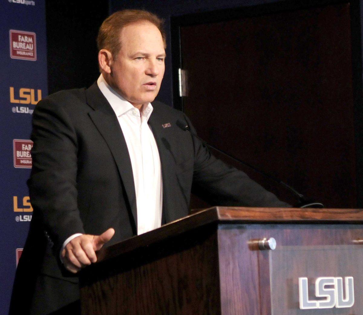 LSU head coach Les miles addresses the media in his weekly meeting of Lunch with Les Monday October 20, 2014.