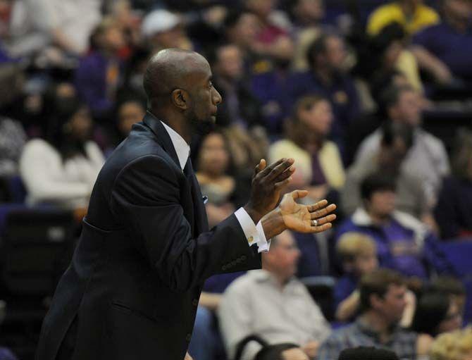 LSU basketball student assistant Ronald Dupree cheers on the team Saturday, Dec. 13, 2014 during the Tigers' 76-67 win against Sam Houston State in the PMAC.