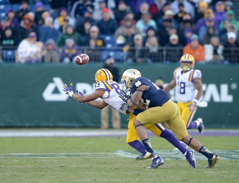 LSU sophomore wide receiver Travin Dural (83) fumbles the ball in losing game against Notre Dame 31-38 Tuesday, Dec. 30, 2014 at LP Field in Nashville.