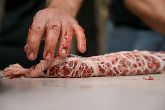 Caul fat is stuffed with seasoned ground pork and vegetables Sunday, November 30, 2014 at La Boucherie Merci in Vermillionville, La.