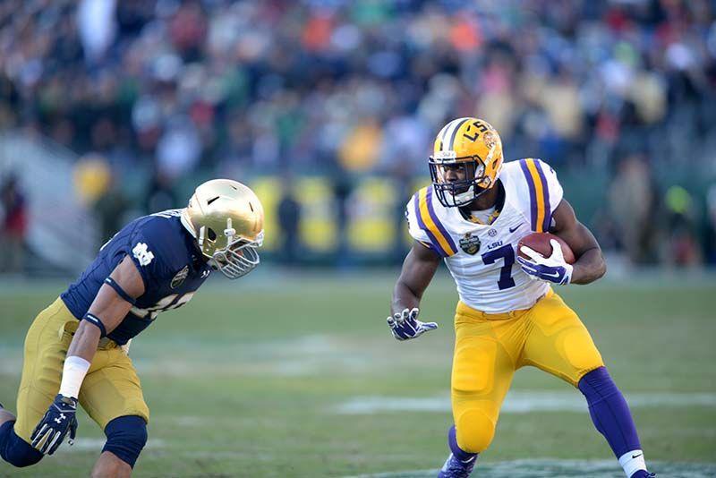 LSU freshman running back Leonard Fournette (7) runs the ball down the field for a touchdown in losing game against Notre Dame. Notre Dame won the Music City Bowl 31-28 Tuesday, Dec. 30, 2014 at LP Field in Nashville.