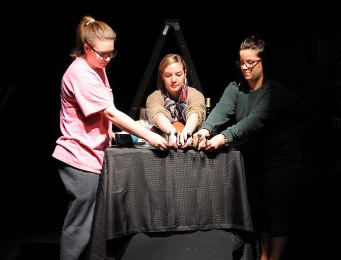 LSU students Danni Frank, Shea Smith and Marissa Voros perform in new Hopkins Black Box production "On a Snowy Evening." The holiday themed play introduces storytelling, music, and puppets into the show and will open December 3 at 7:30 pm.