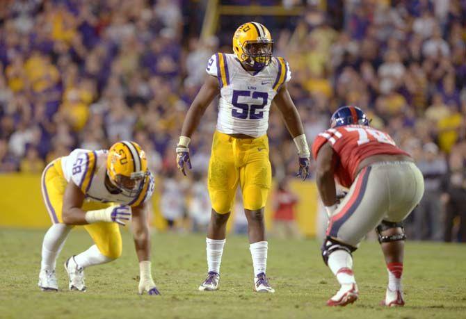 LSU sophomore linebacker Kendell Beckwith (52) looks at oposing players from Ole Miss during Tigers' 10-7 victory Saturday, October 25, 2014 in the Tiger Stadium.