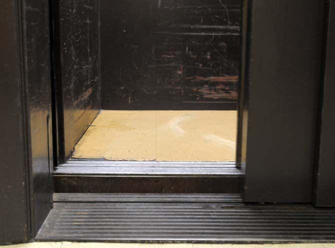 An elevator in Allen Hall sits unlevel with the ground floor. This is on Facility Services' list of repairs.